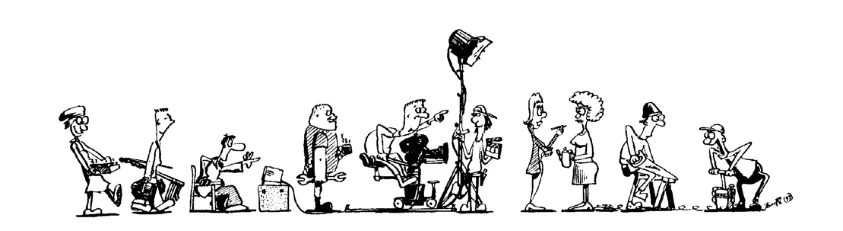 Hand-drawn line-up of film crew characters